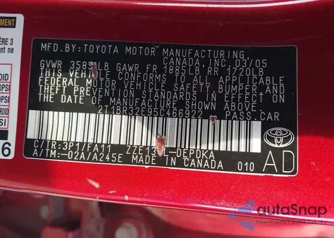 2005 Toyota Corolla Ce from USA, damaged, VIN 2T1BR32E95C466922